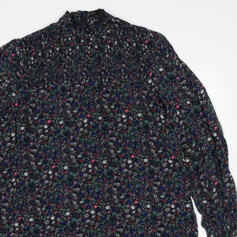Marks and Spencer Womens Black Floral Viscose A-Line Size 8 Mock Neck Button
