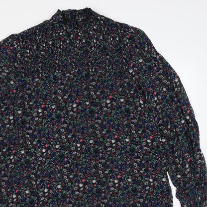 Marks and Spencer Womens Black Floral Viscose A-Line Size 8 Mock Neck Button