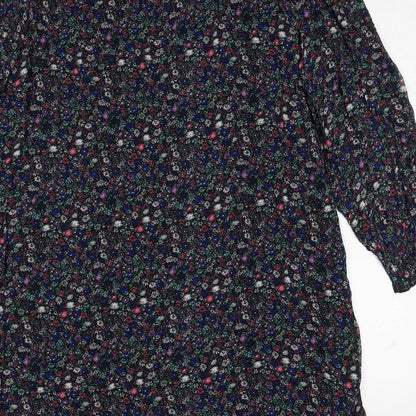 Marks and Spencer Womens Black Floral Viscose A-Line Size 8 Mock Neck Button