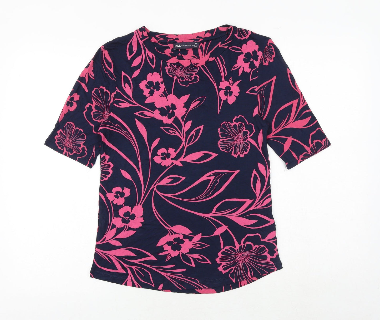 Marks and Spencer Womens Blue Floral Viscose Basic T-Shirt Size 10 Round Neck