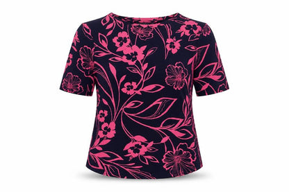 Marks and Spencer Womens Blue Floral Viscose Basic T-Shirt Size 10 Round Neck
