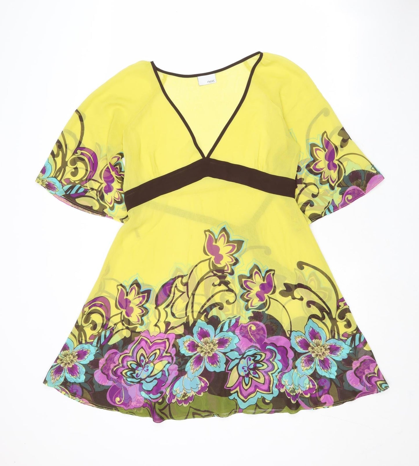 NEXT Womens Yellow Floral Polyester A-Line Size 8 V-Neck Pullover