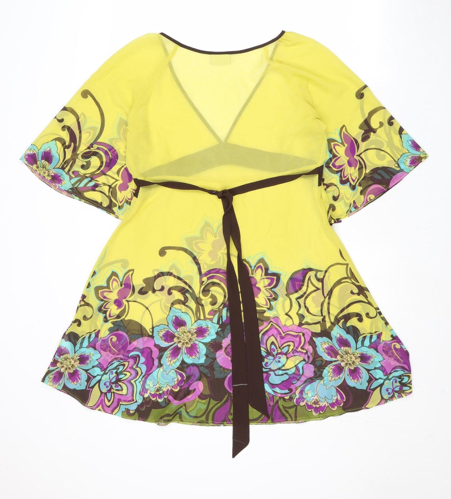 NEXT Womens Yellow Floral Polyester A-Line Size 8 V-Neck Pullover