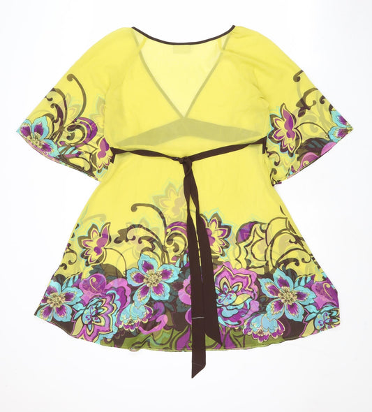 NEXT Womens Yellow Floral Polyester A-Line Size 8 V-Neck Pullover