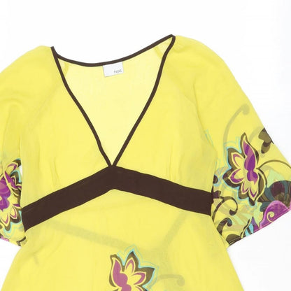NEXT Womens Yellow Floral Polyester A-Line Size 8 V-Neck Pullover