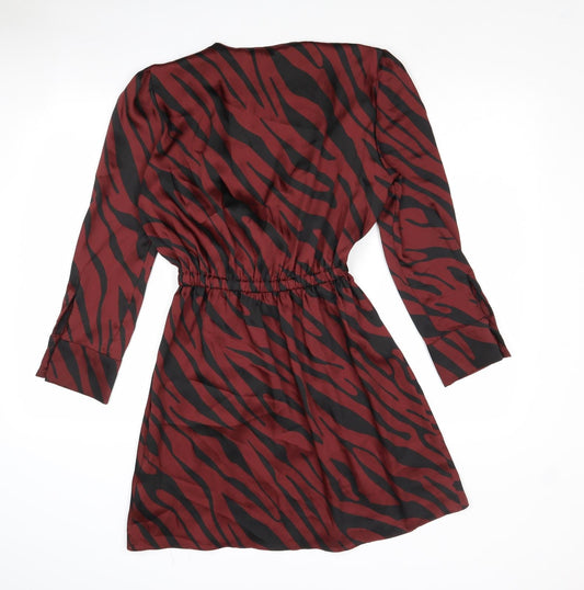 Zara Womens Red Animal Print Polyester Mini Size S V-Neck Button - Elastic Waist