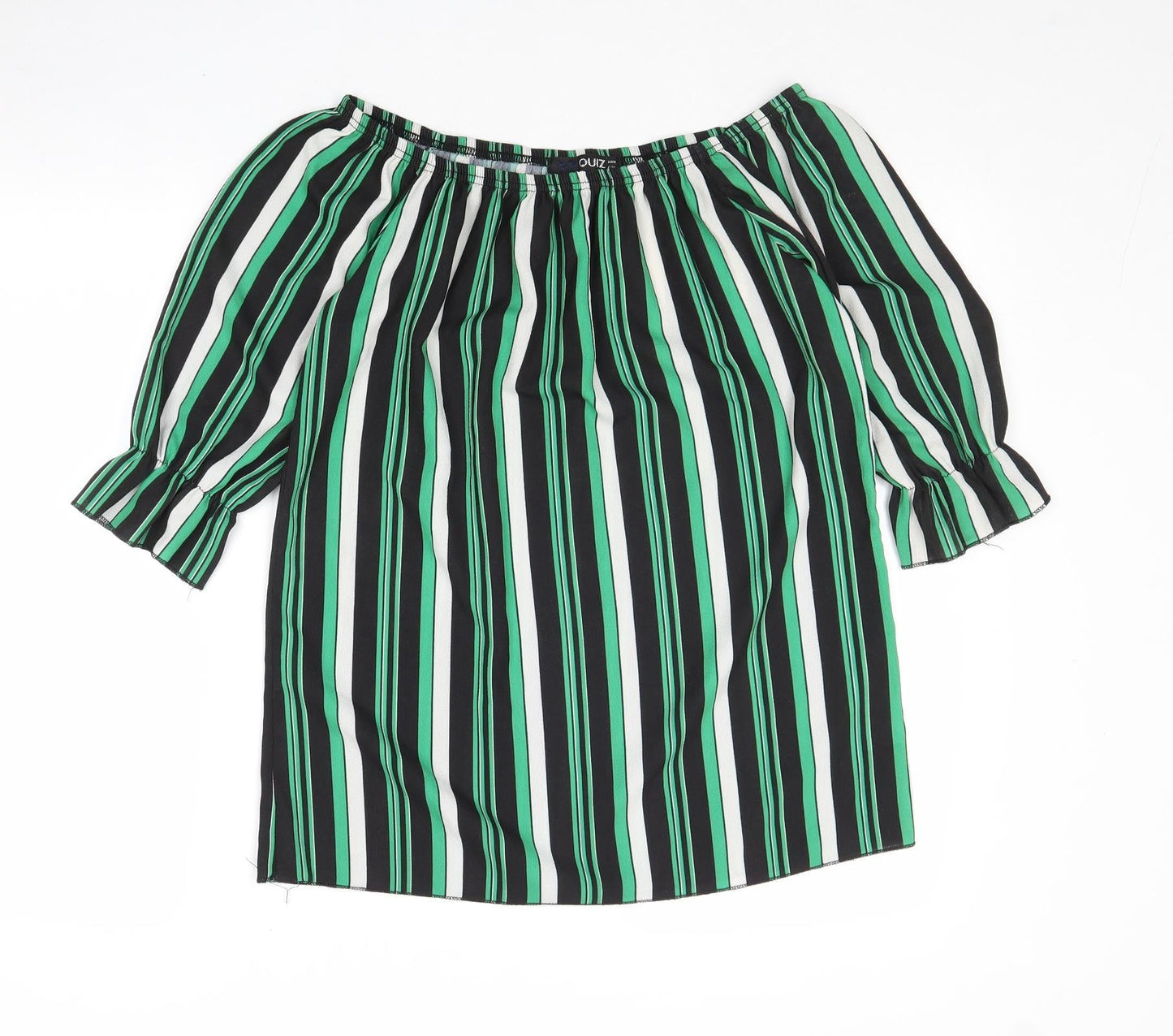 Quiz Womens Green Striped Polyester Basic Blouse Size 8 Boat Neck