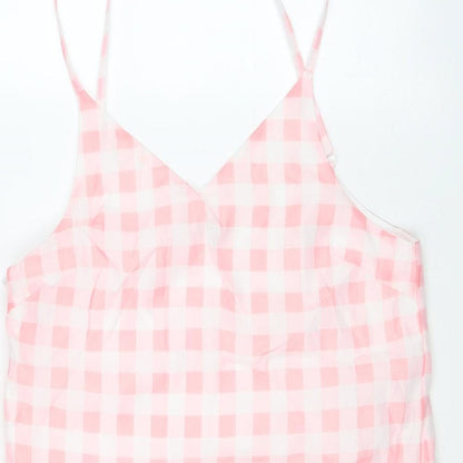 In the Style Womens Pink Check Polyester Slip Dress Size L V-Neck Zip