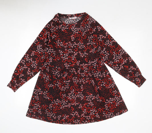 Miss Selfridge Womens Red Floral Polyester Skater Dress Size 4 Round Neck Pullover