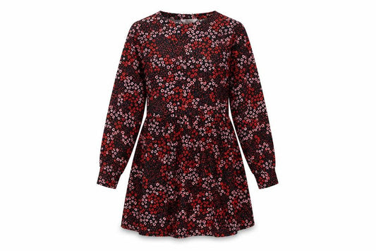 Front view of Miss Selfridge women’s red floral polyester skater dress, size UK 4, round neck pullover