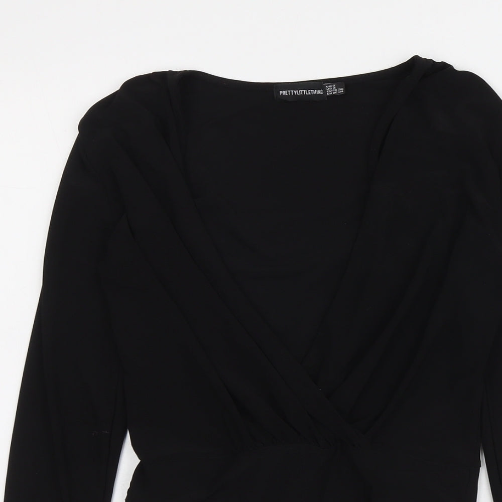 PRETTYLITTLETHING Womens Black Polyester Bodysuit One-Piece Size 8 Snap - Wrap Front