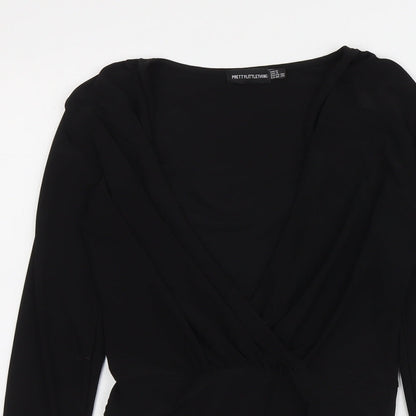 PRETTYLITTLETHING Womens Black Polyester Bodysuit One-Piece Size 8 Snap - Wrap Front