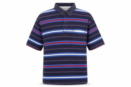 Front view of Casual Club men’s blue striped cotton polo, size L, collared button