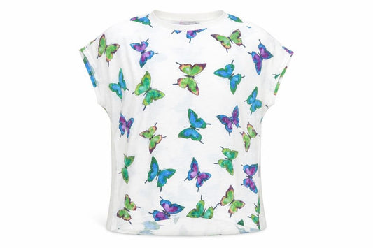 Paramour Womens White Geometric Polyester Basic T-Shirt Size M Round Neck - Butterfly Pattern