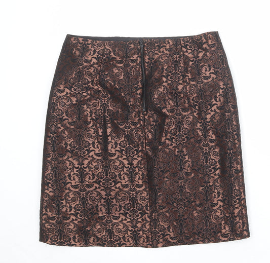 Marks and Spencer Womens Brown Geometric Polyester A-Line Skirt Size 10 Zip