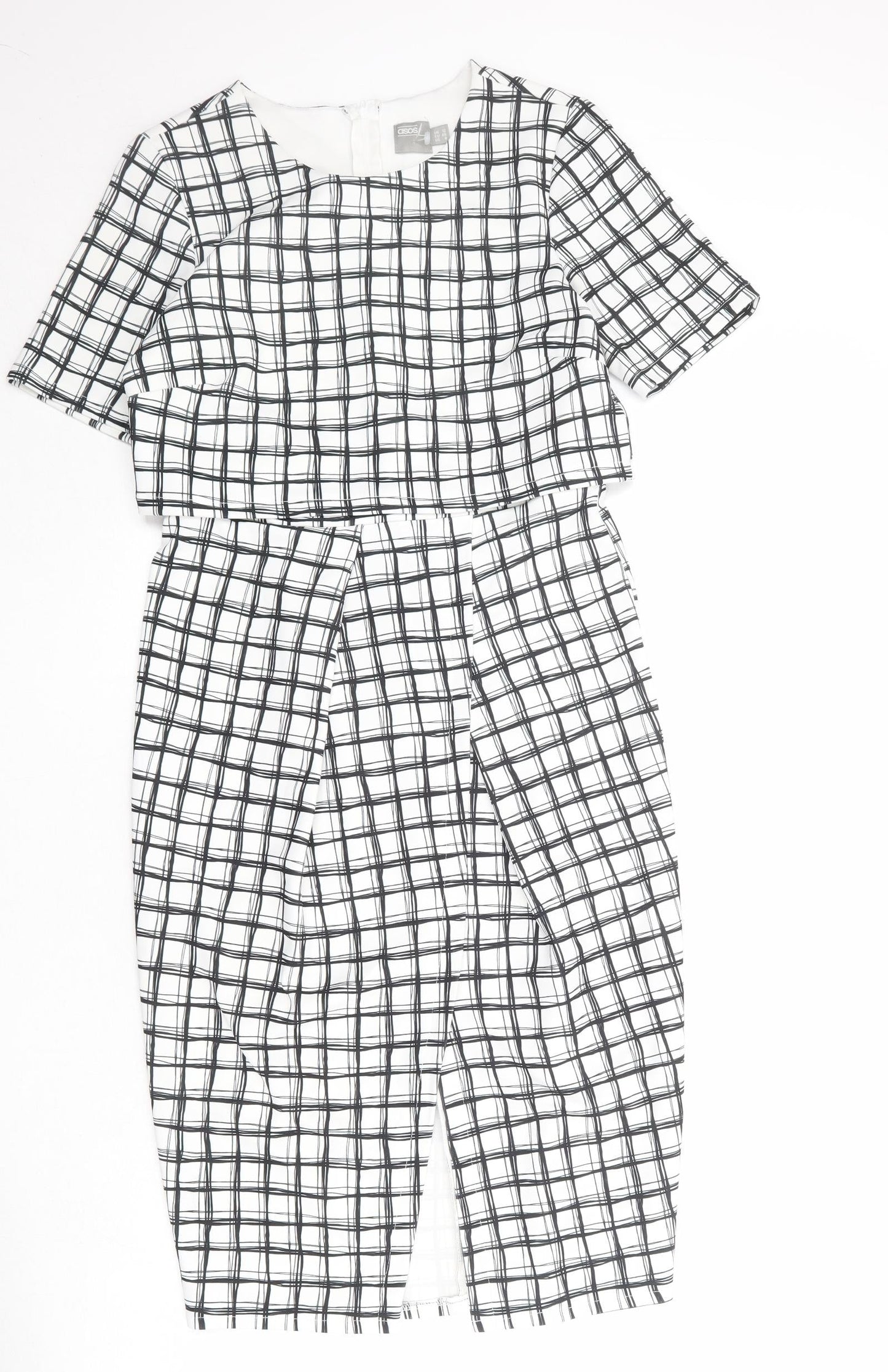 ASOS Womens White Check Polyester Shift Size 12 Round Neck Zip