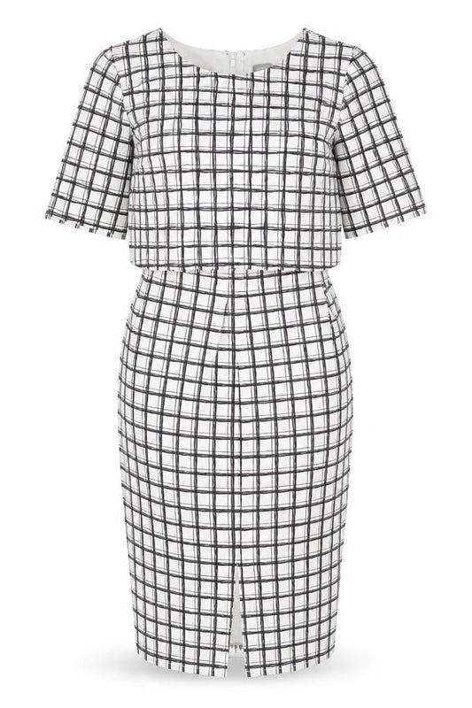 Front view of ASOS women’s white check polyester shift, size UK 12, round neck zip