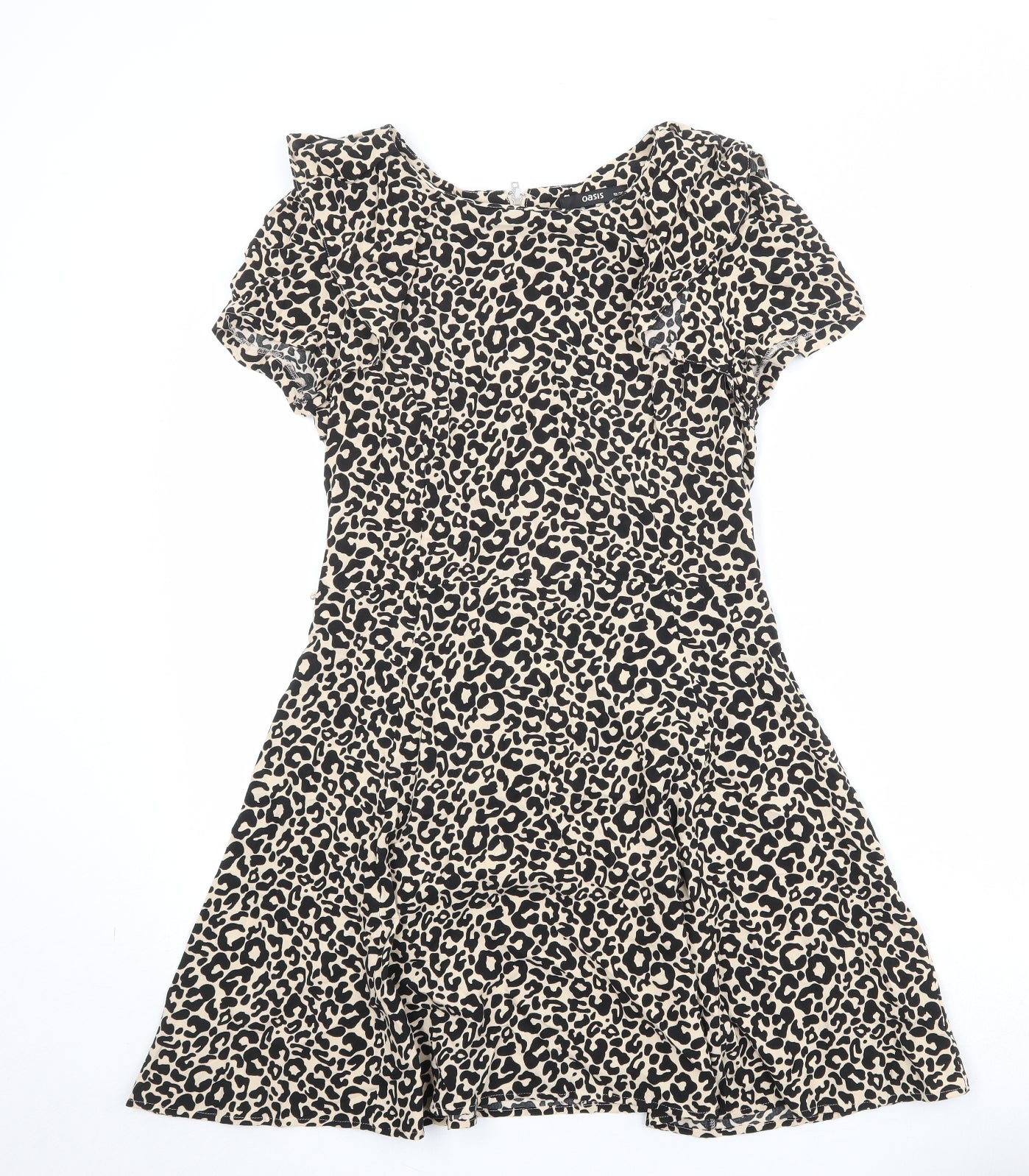 Oasis Womens Beige Animal Print Viscose Skater Dress Size 10 Round Neck Zip - Leopard Pattern