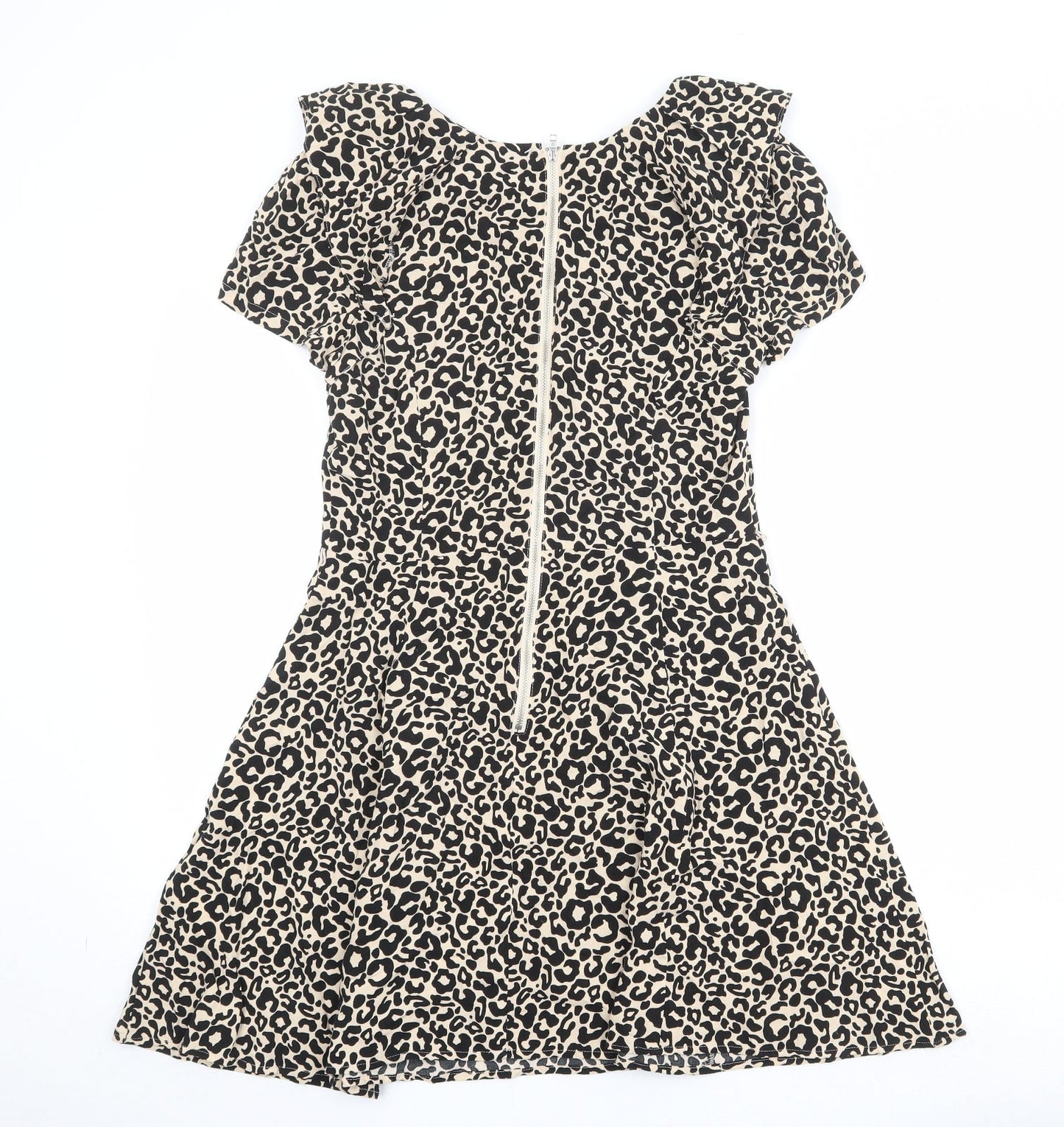 Oasis Womens Beige Animal Print Viscose Skater Dress Size 10 Round Neck Zip - Leopard Pattern