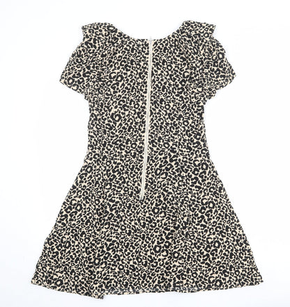 Oasis Womens Beige Animal Print Viscose Skater Dress Size 10 Round Neck Zip - Leopard Pattern