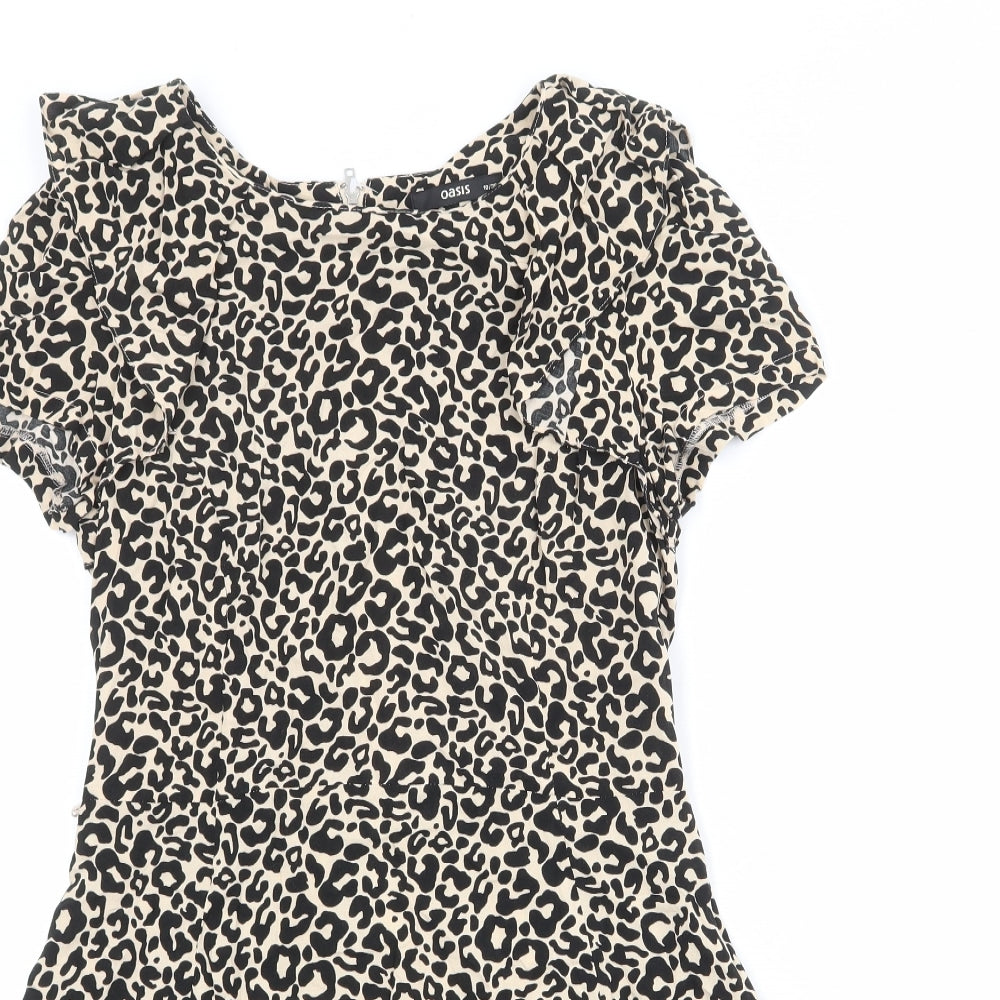 Oasis Womens Beige Animal Print Viscose Skater Dress Size 10 Round Neck Zip - Leopard Pattern