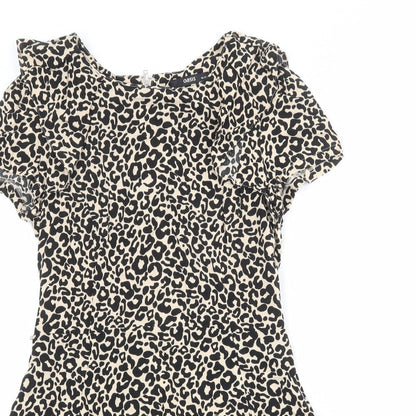 Oasis Womens Beige Animal Print Viscose Skater Dress Size 10 Round Neck Zip - Leopard Pattern
