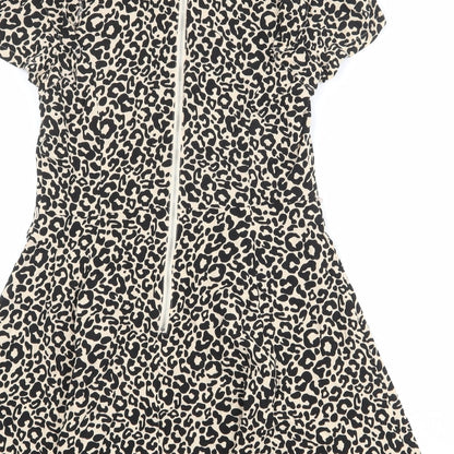 Oasis Womens Beige Animal Print Viscose Skater Dress Size 10 Round Neck Zip - Leopard Pattern
