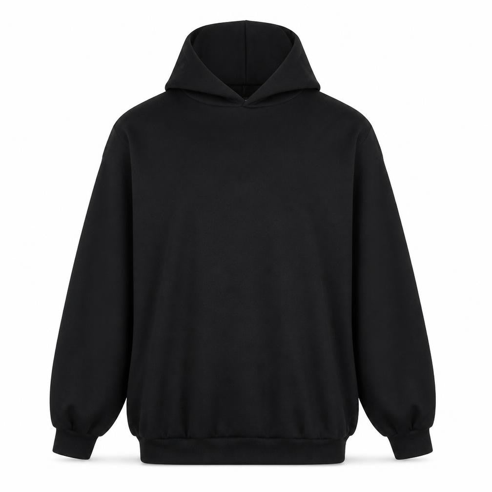 Front view of ASOS women’s black polyester pullover hoodie, size UK 10, pullover