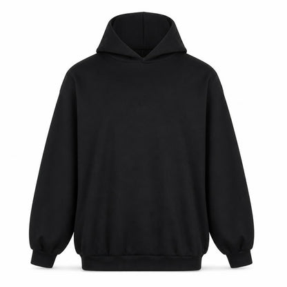 Front view of ASOS women’s black polyester pullover hoodie, size UK 10, pullover