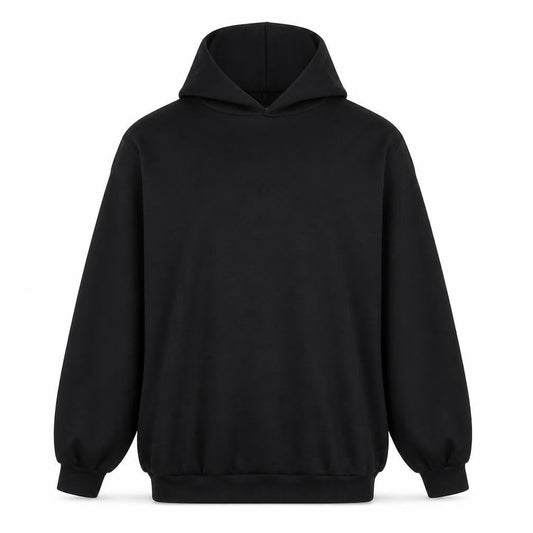 Front view of ASOS women’s black polyester pullover hoodie, size UK 10, pullover