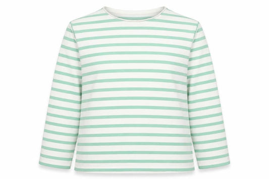 Front view of ASOS women’s white striped cotton pullover sweatshirt, size UK 10, pullover