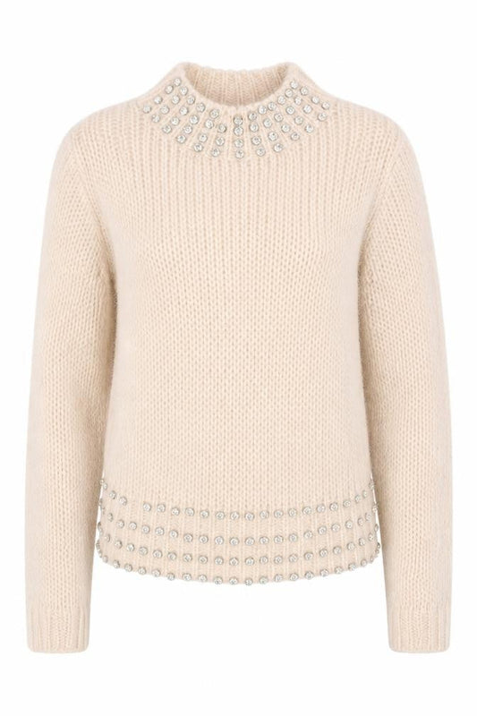 Front view of Miss Selfridge women’s beige round neck acrylic jumper, size UK 6