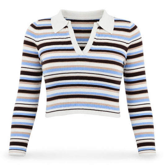 Front view of Miss Selfridge women’s multicoloured collared striped viscose jumper, size UK 12