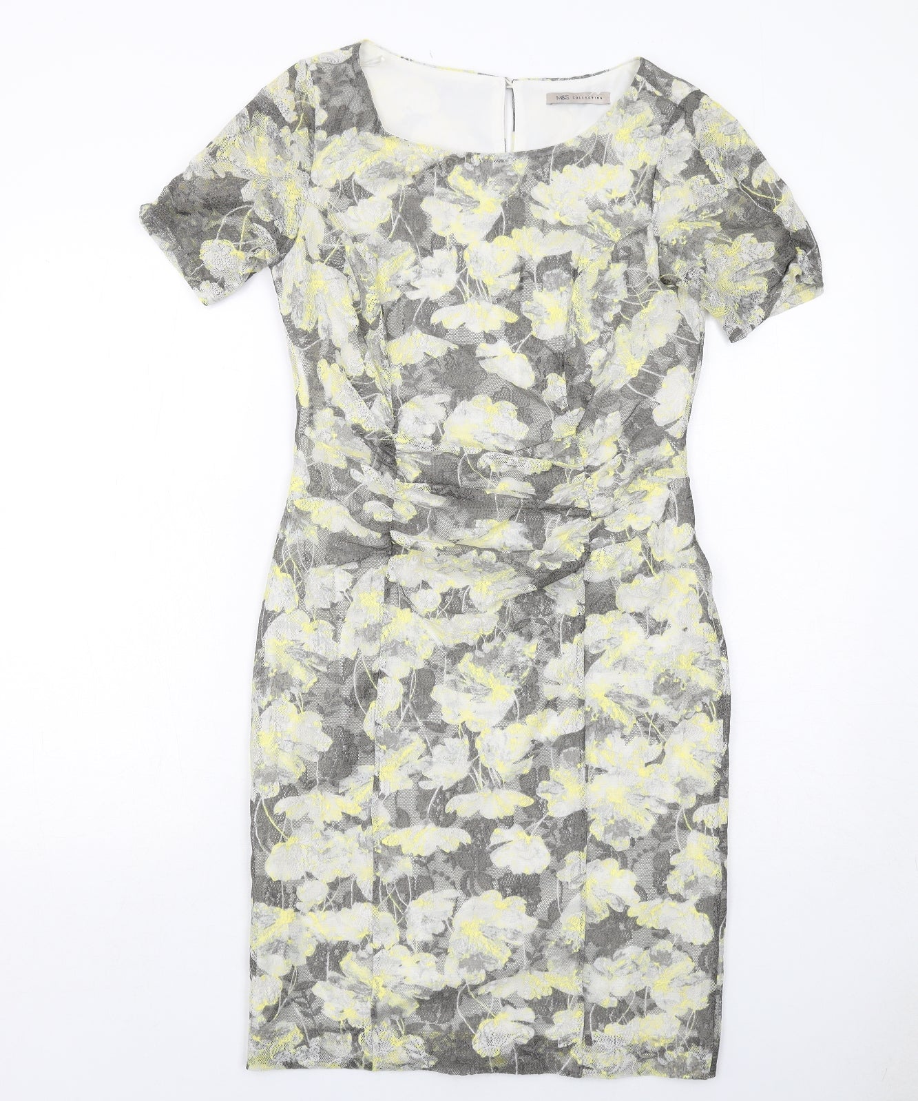 Marks and Spencer Womens Grey Geometric Polyester Shift Size 12 Round Neck Button