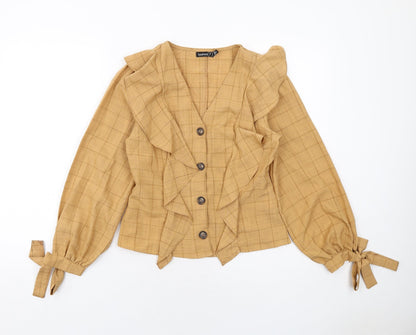 Boohoo Womens Beige Check Polyester Basic Button-Up Size 6 V-Neck