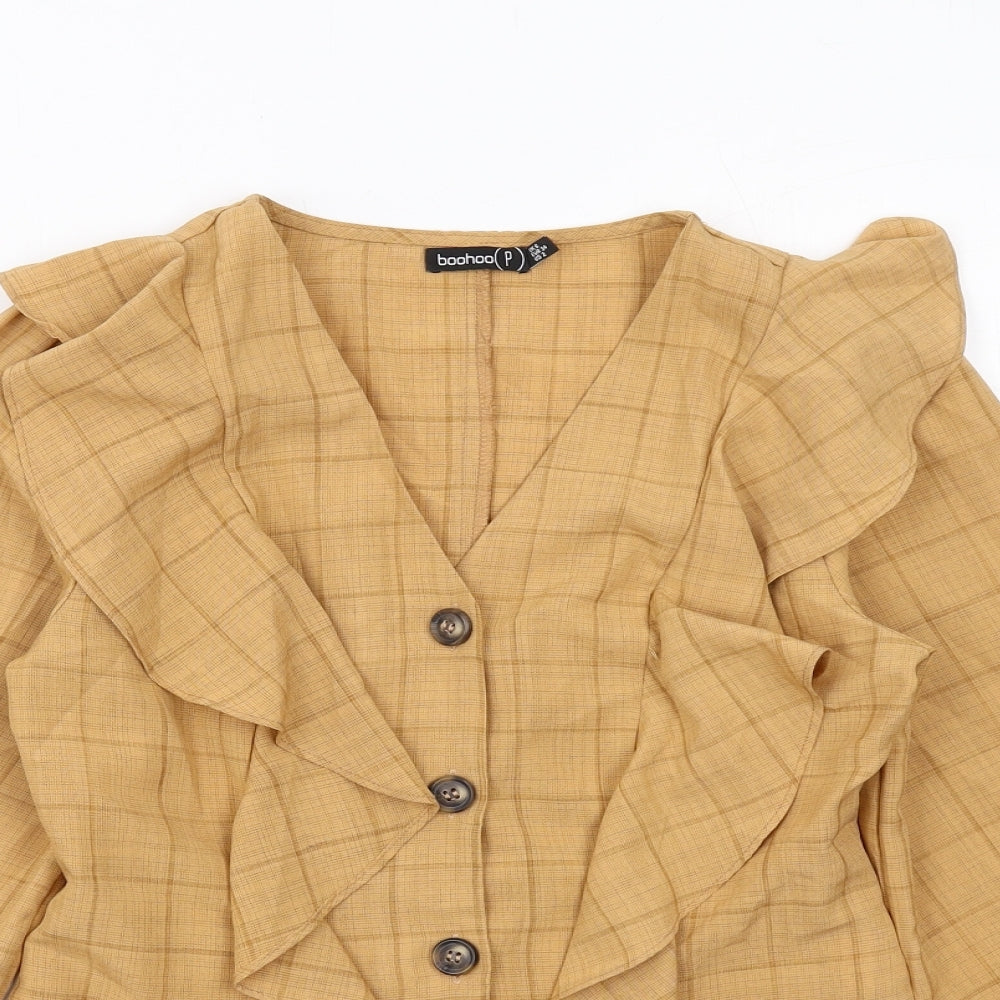 Boohoo Womens Beige Check Polyester Basic Button-Up Size 6 V-Neck