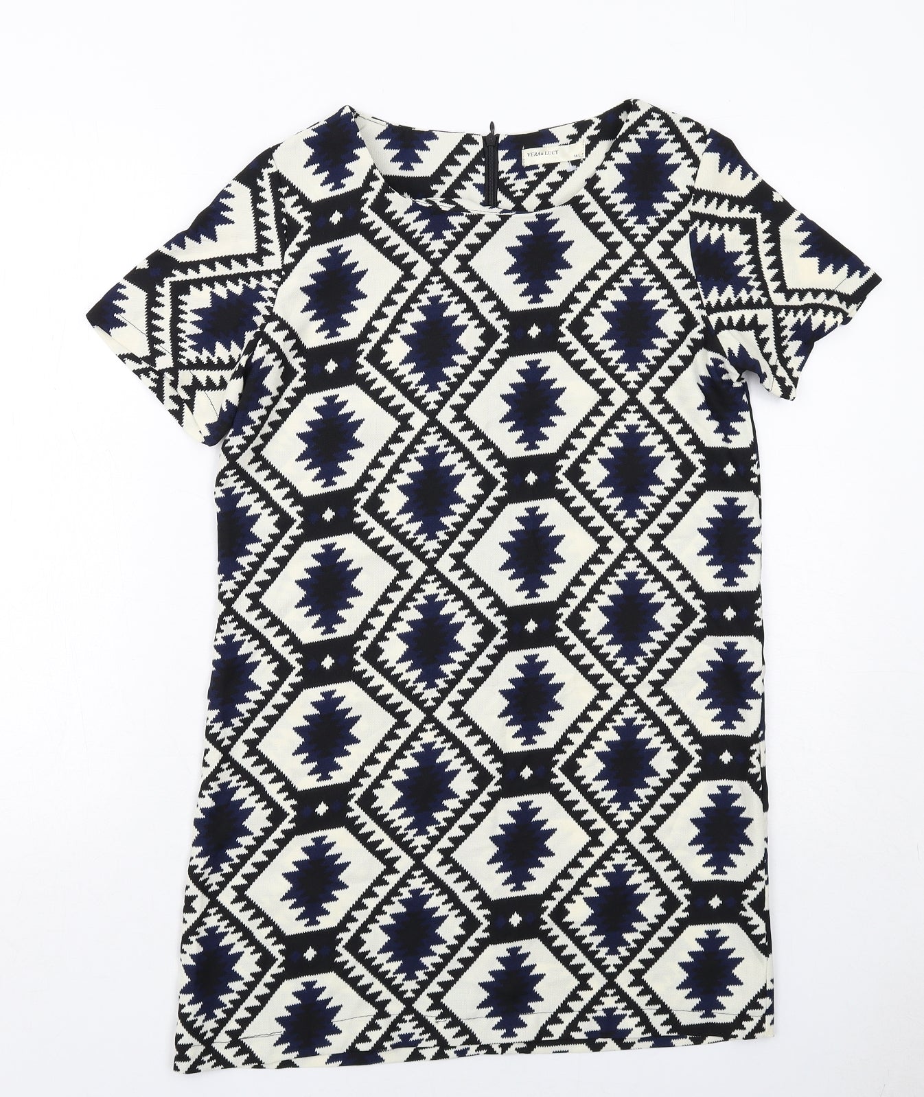 Vera & Lucy Womens White Geometric Polyester Shift Size M Boat Neck Zip