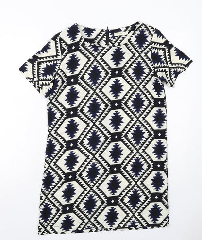 Vera & Lucy Womens White Geometric Polyester Shift Size M Boat Neck Zip