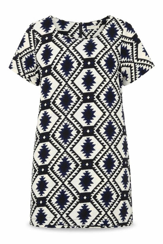 Vera & Lucy Womens White Geometric Polyester Shift Size M Boat Neck Zip