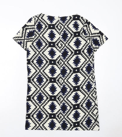 Vera & Lucy Womens White Geometric Polyester Shift Size M Boat Neck Zip