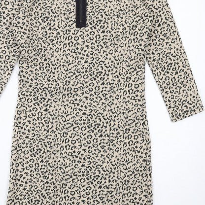 Soaked in Luxury Womens Beige Animal Print Polyester Sheath Size S Boat Neck Zip - Leopard Print