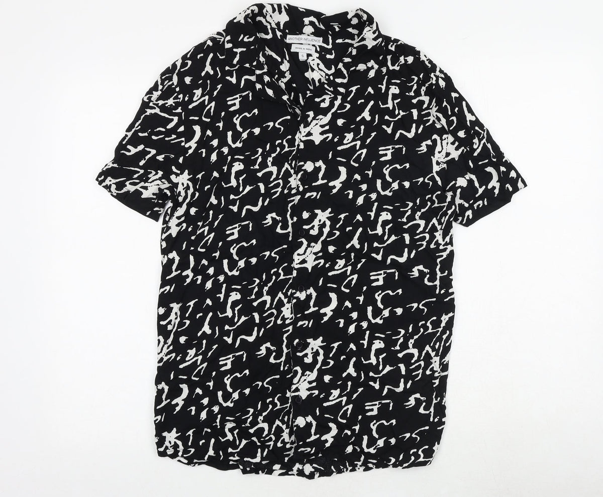 Another Influence Mens Black Geometric Viscose Button-Up Size S Collared Button