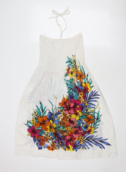 Pistachio Womens White Floral Cotton Trapeze & Swing Size S Halter Tie