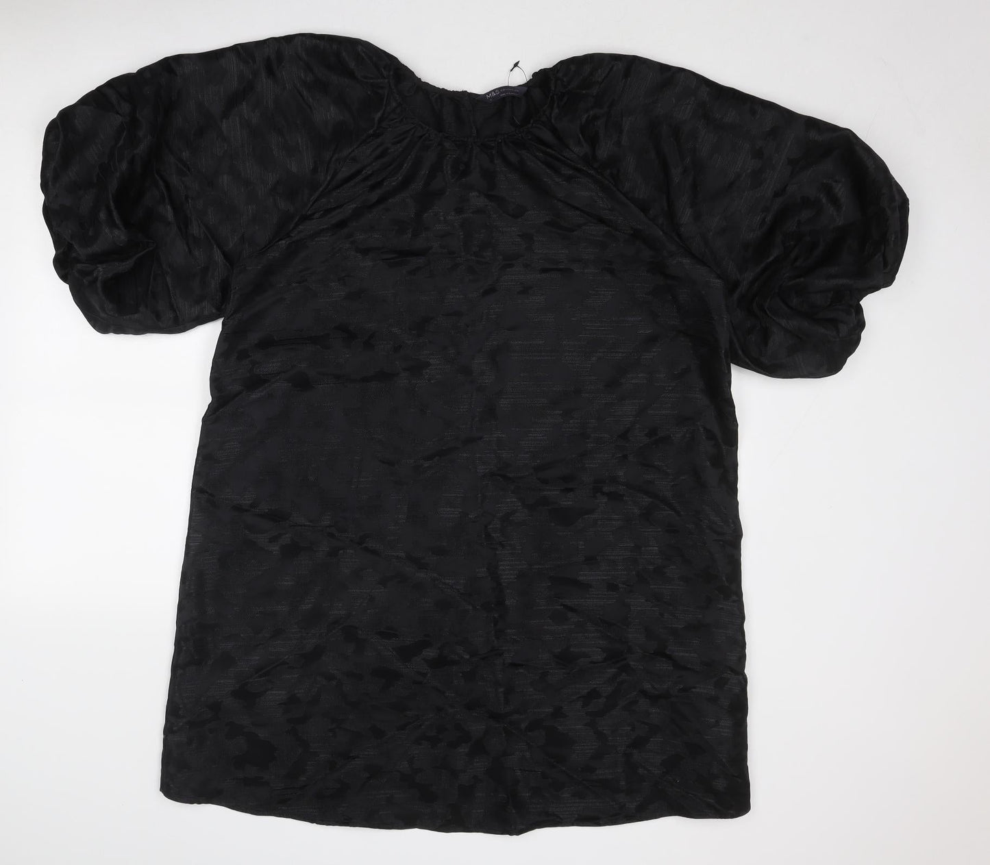 Marks and Spencer Womens Black Geometric Polyester A-Line Size 14 Round Neck Button