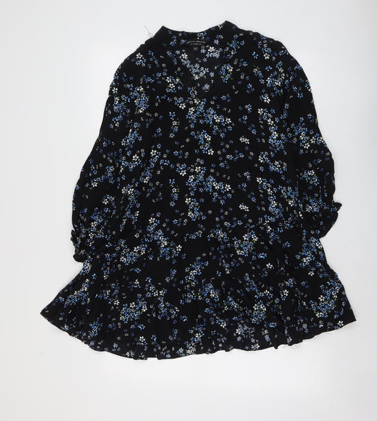 Dorothy Perkins Womens Black Floral Viscose Skater Dress Size 8 Round Neck Pullover