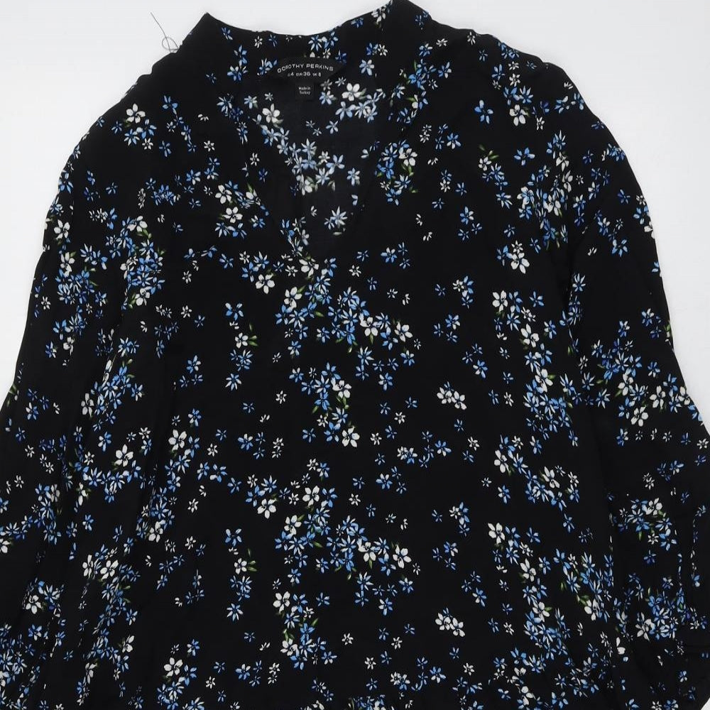 Dorothy Perkins Womens Black Floral Viscose Skater Dress Size 8 Round Neck Pullover