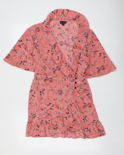 Topshop Womens Pink Floral Polyester Skater Dress Size 10 V-Neck Button