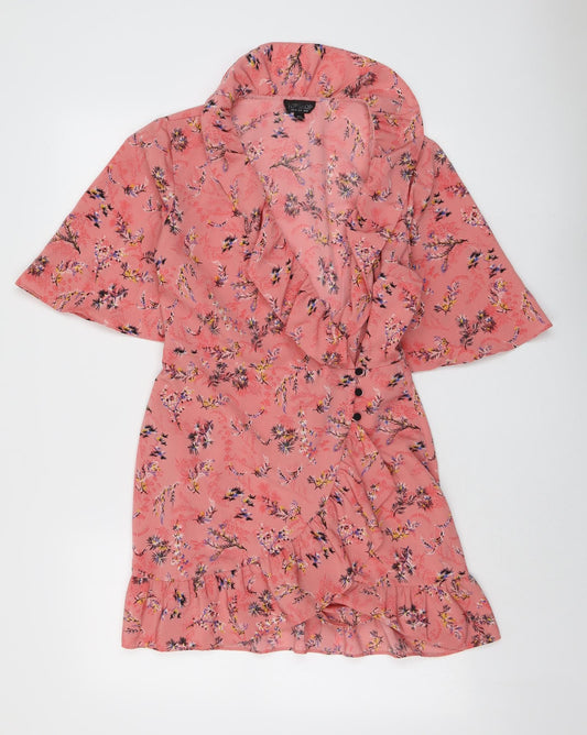 Topshop Womens Pink Floral Polyester Skater Dress Size 10 V-Neck Button