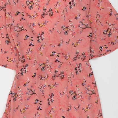 Topshop Womens Pink Floral Polyester Skater Dress Size 10 V-Neck Button