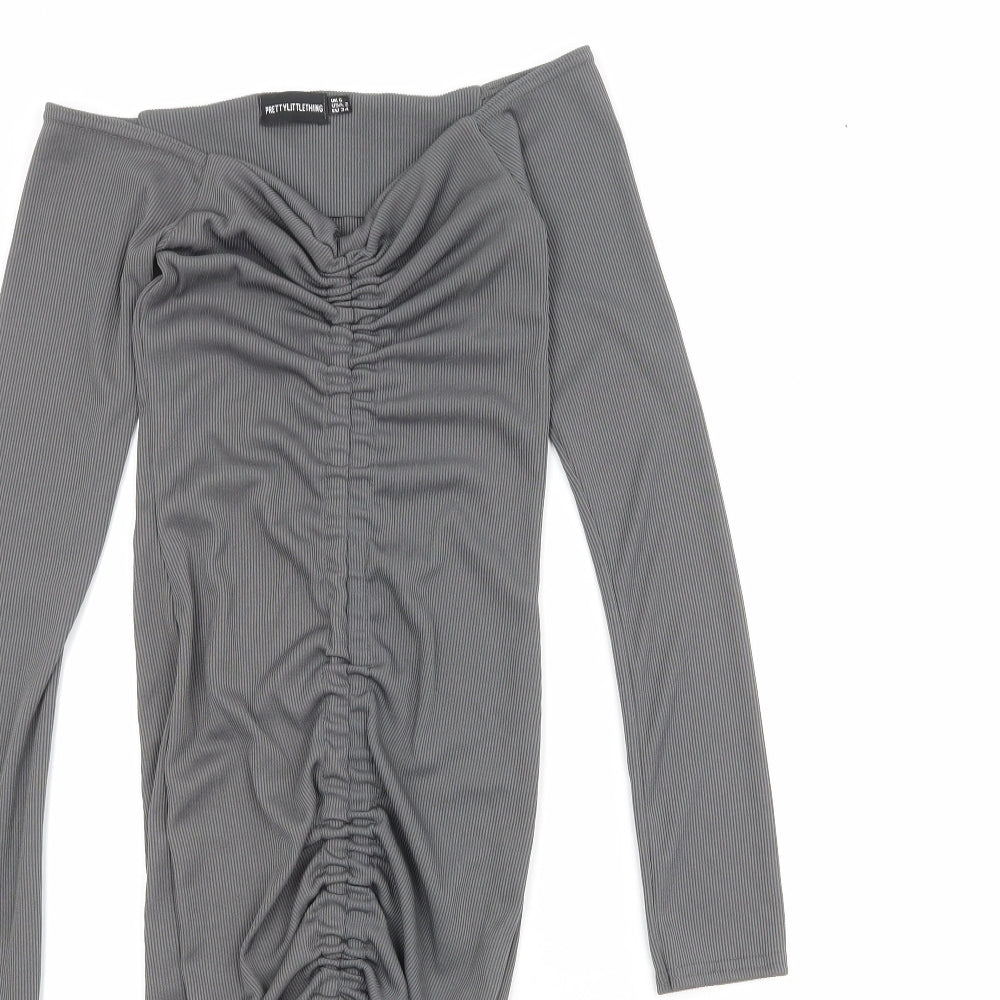 PRETTYLITTLETHING Womens Grey Polyester Bodycon Size 6 V-Neck Pullover